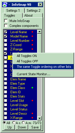 InfoSnap Toggles Menu